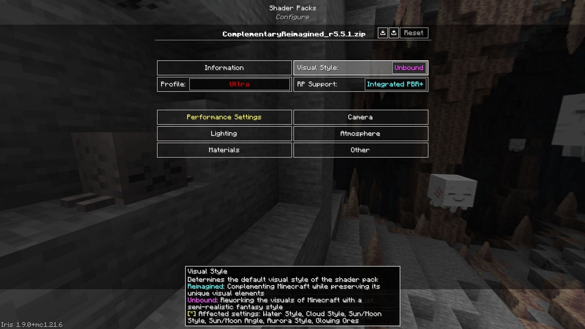 Switch to Unbound visual style in the shader pack setting to get realistic water (Image via Sportskeeda Gaming || Mojang Studios)